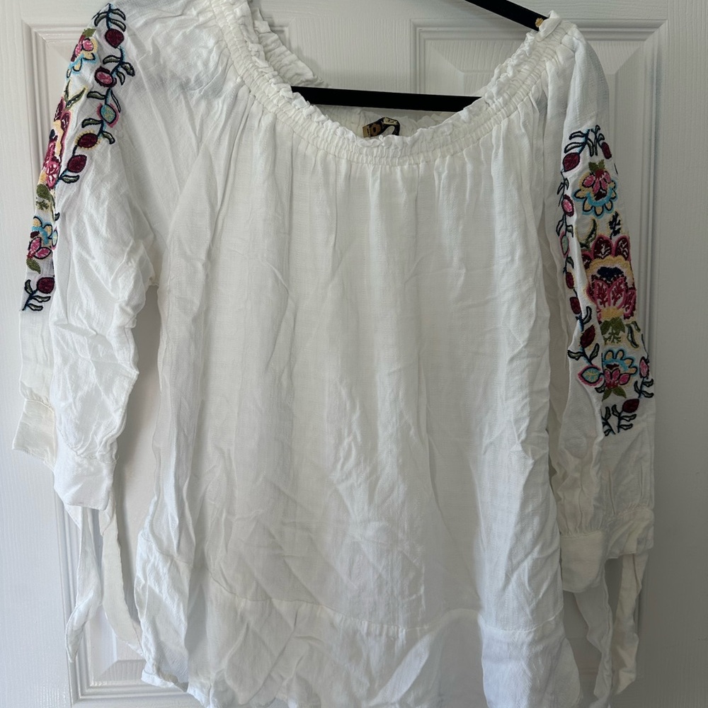 Democracy White Peasant Tunic with Multicolor Floral Sleeve Embroidery